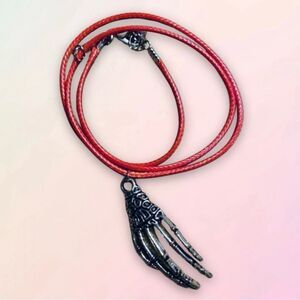 Creepy, Oversized Skeleton Hand Pendant, w/ Black Wax Cord Necklace